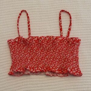 SOLID & STRIPED Pink Red Floral Smocked Crop SWIM Top